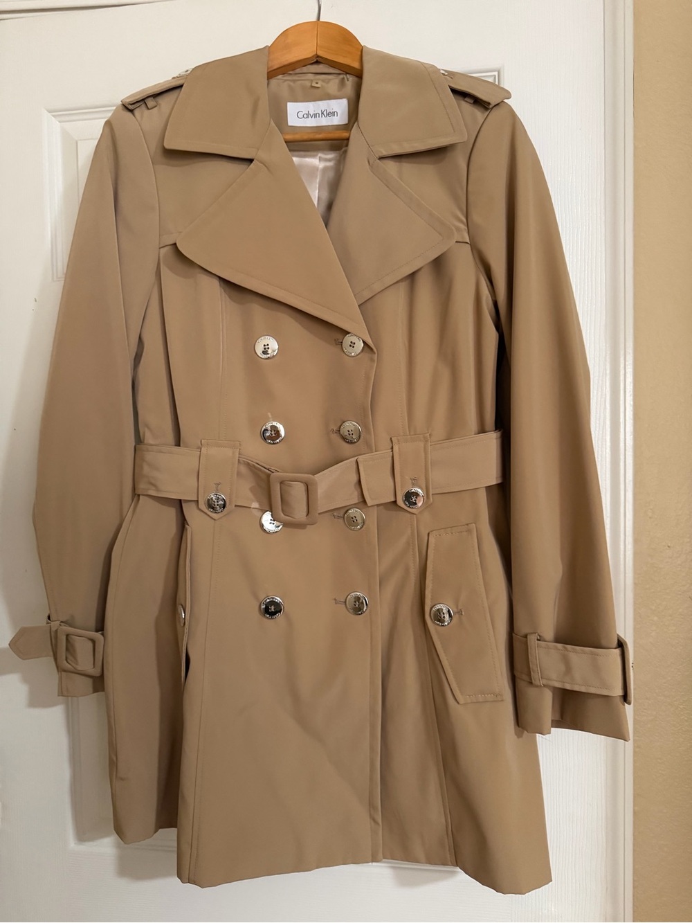 Calvin Klein Classic Double-Breasted Trench Coat in Tan